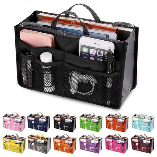 Nylon travel organizer insert bag for women with multiple compartments and zipper closure.