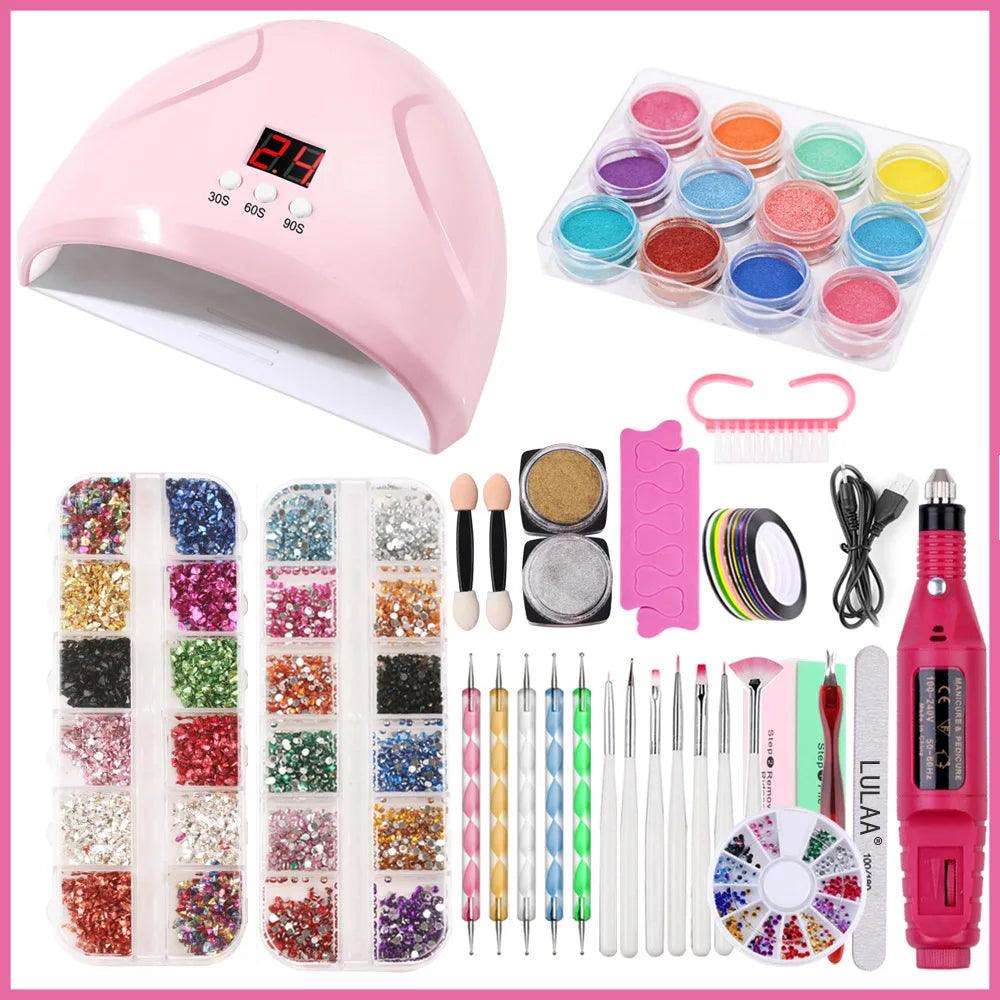 Nail Polish Set Gel Nail Set with UV LED, Nail Dryer, Electric Drill, and Art Tools for Professional Use.